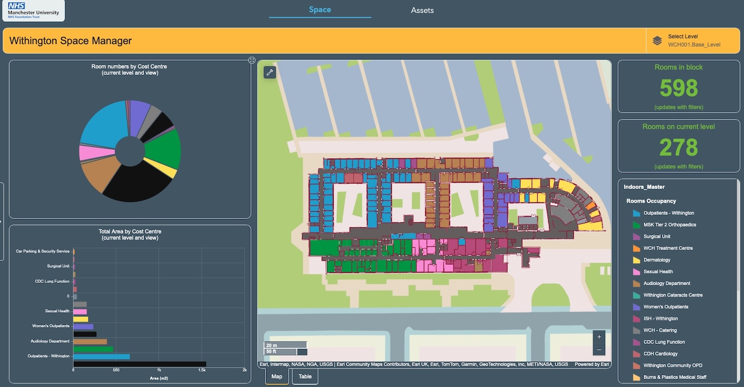 Screen shot of the space manager function in the digital twin for Manchester University NHS Foundation Trust