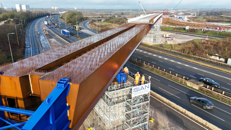 HS2's M6 South viaduct, which was slid into place over the motorway before Christmas. Image: HS2 Ltd.