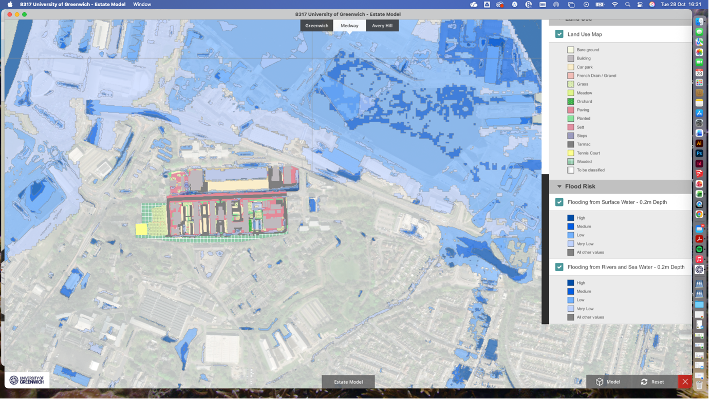 Delivering Sustainability with Digital Innovation 2026 Greenwich flood risk analysis in the Vantage model. Image: iDEA.