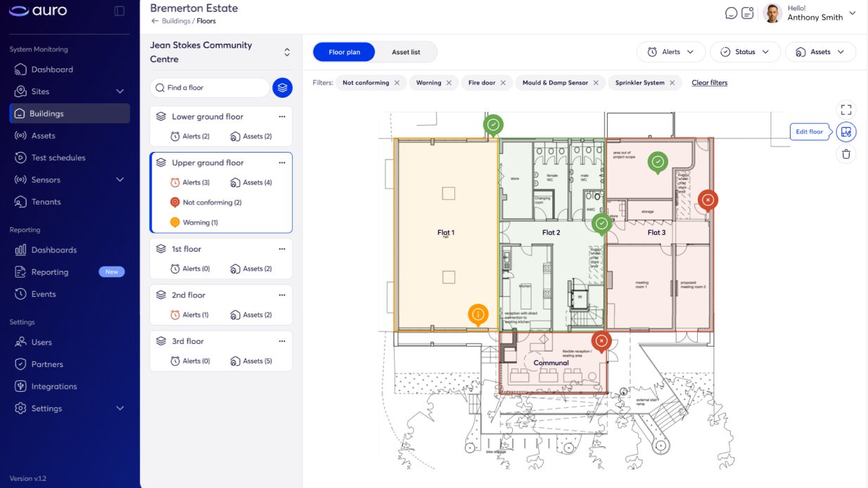 Auro Door’s customisable dashboard allows landlords to check fire door compliance in real-time. Image: Harmony Fire.