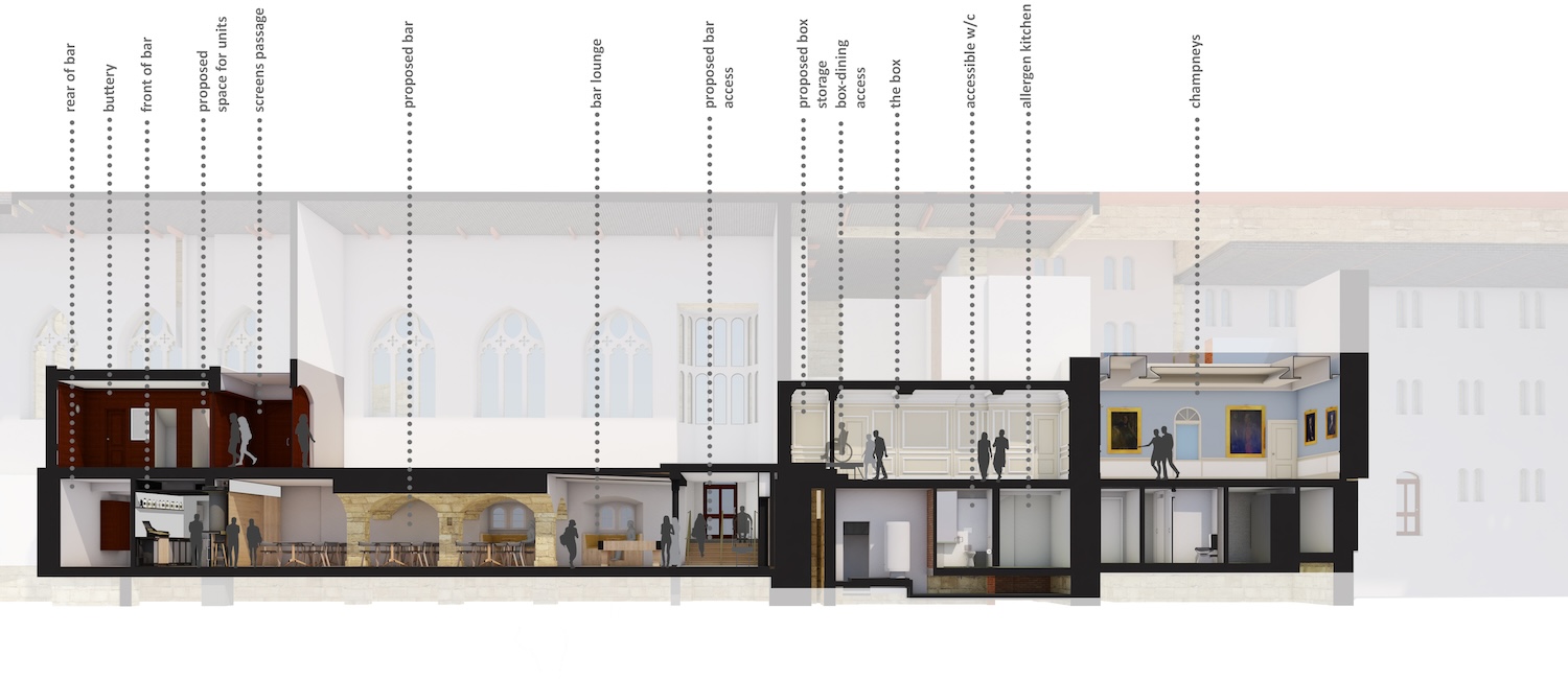 Render of the bar, buttery and Champneys at Oriel College. Image: Penwarden Hale Architects