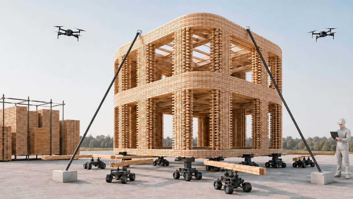 Foster + Partners swarm robots for inverse timber construction. Image: Foster + Partners